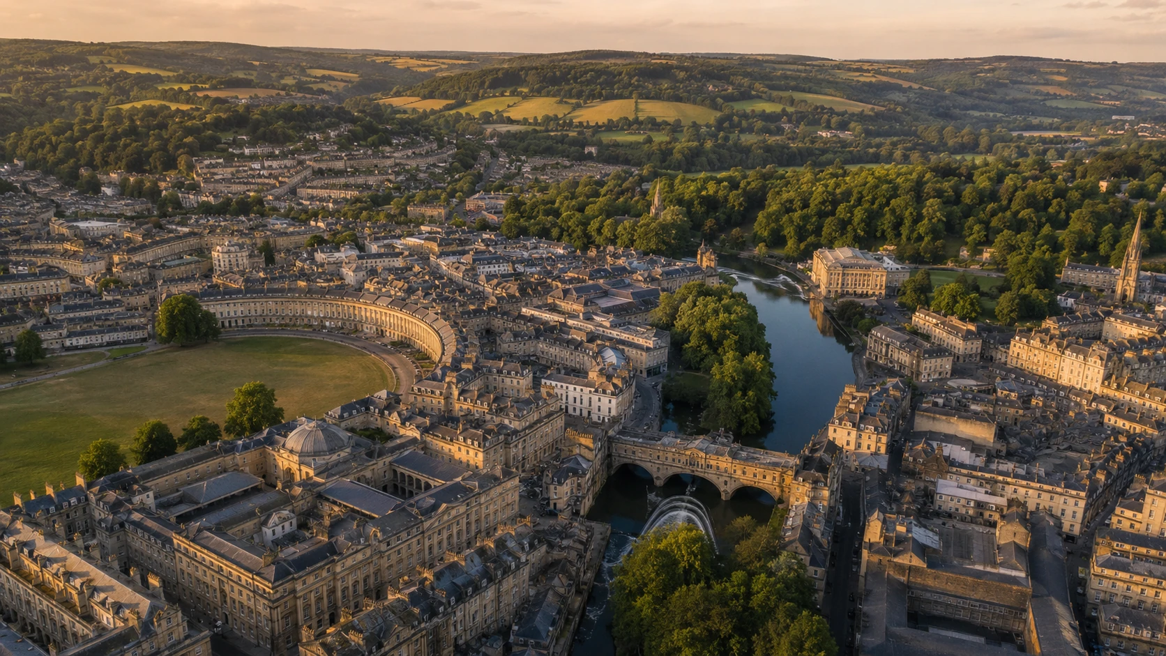Aerial view of Bath city centre and surrounding Somerset countryside showing the drainage service coverage area